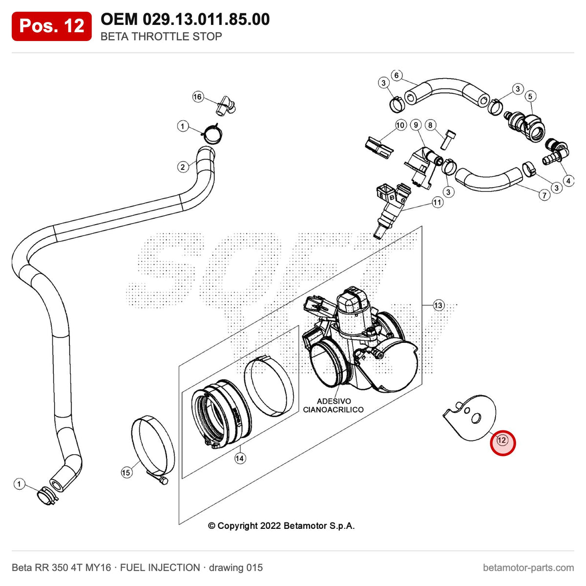 BETA THROTTLE STOP – OEM 029.13.011.85.00, position 12 on the Beta RR 350 4T MY16 fuel injection drawing
