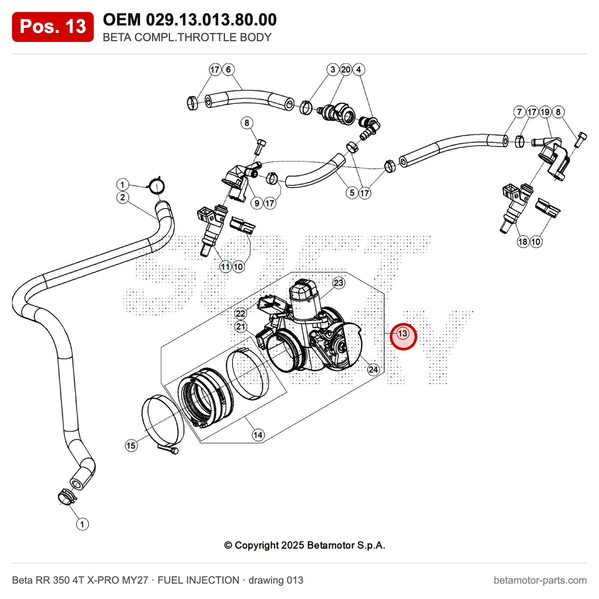 BETA COMPL.THROTTLE BODY – OEM 029.13.013.80.00, position 13 on the Beta RR 350 4T X-PRO MY27 fuel injection drawing