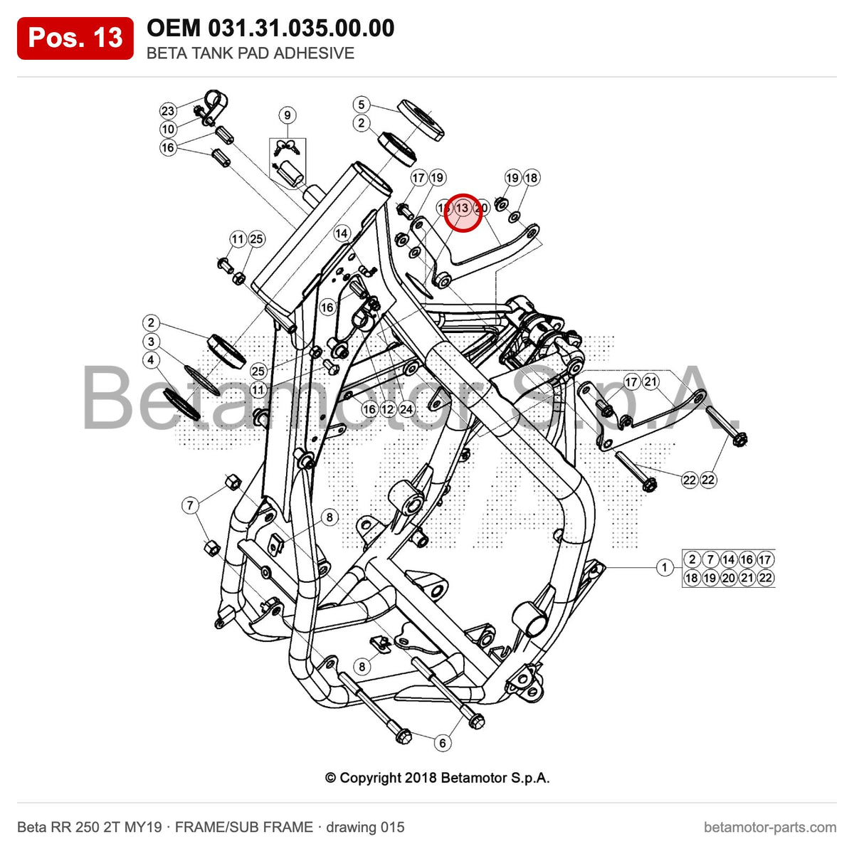 BETA TANK PAD ADHESIVE – OEM 031.31.035.00.00, position 13 on the Beta RR 250 2T MY19 frame/sub frame drawing