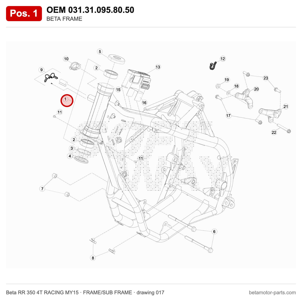 BETA FRAME – OEM 031.31.095.80.50, position 1 on the Beta RR 350 4T RACING MY15 frame/sub frame drawing
