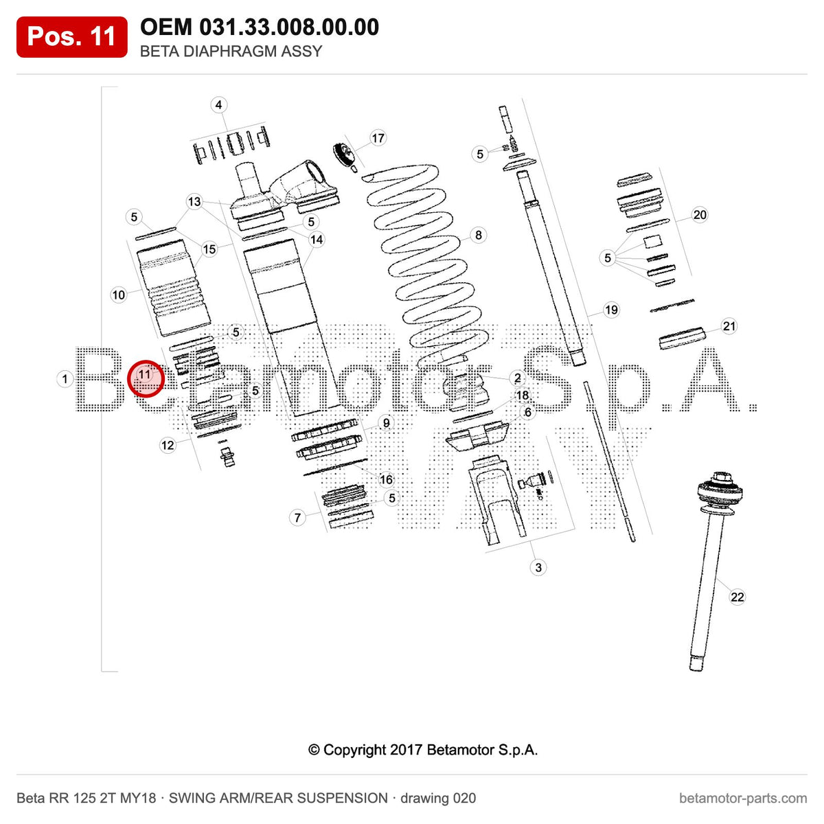 BETA DIAPHRAGM ASSY – OEM 031.33.008.00.00, position 11 on the Beta RR 125 2T MY18 swing arm/rear suspension drawing