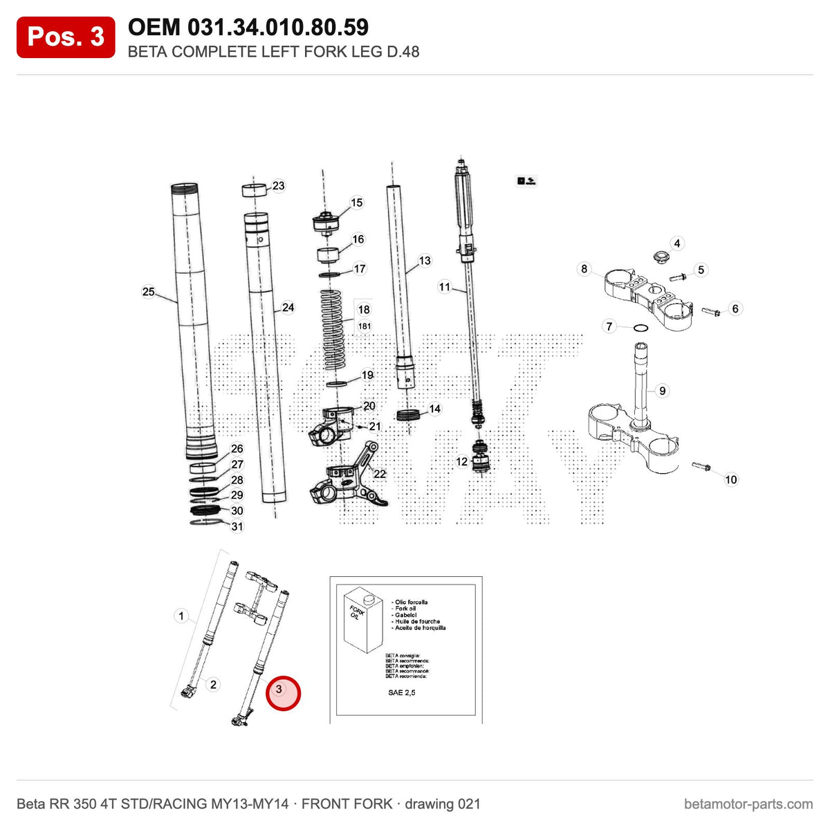 BETA COMPLETE LEFT FORK LEG D.48 – OEM 031.34.010.80.59, position 3 on the Beta RR 350 4T STD/RACING MY13-MY14 front fork drawing