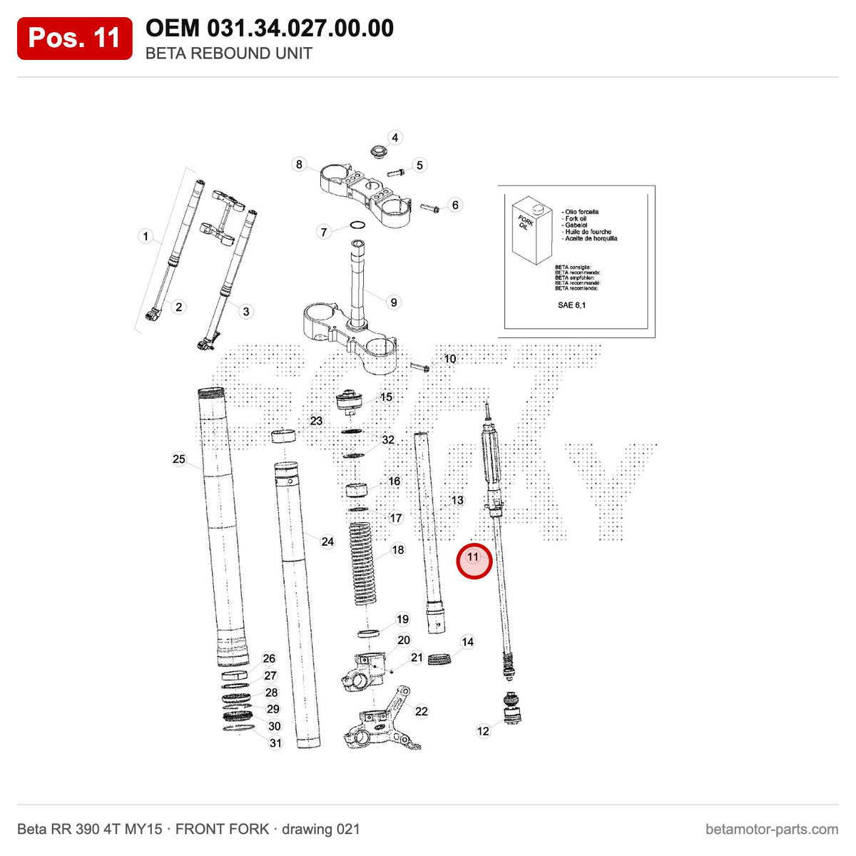 BETA REBOUND UNIT – OEM 031.34.027.00.00, position 11 on the Beta RR 390 4T MY15 front fork drawing