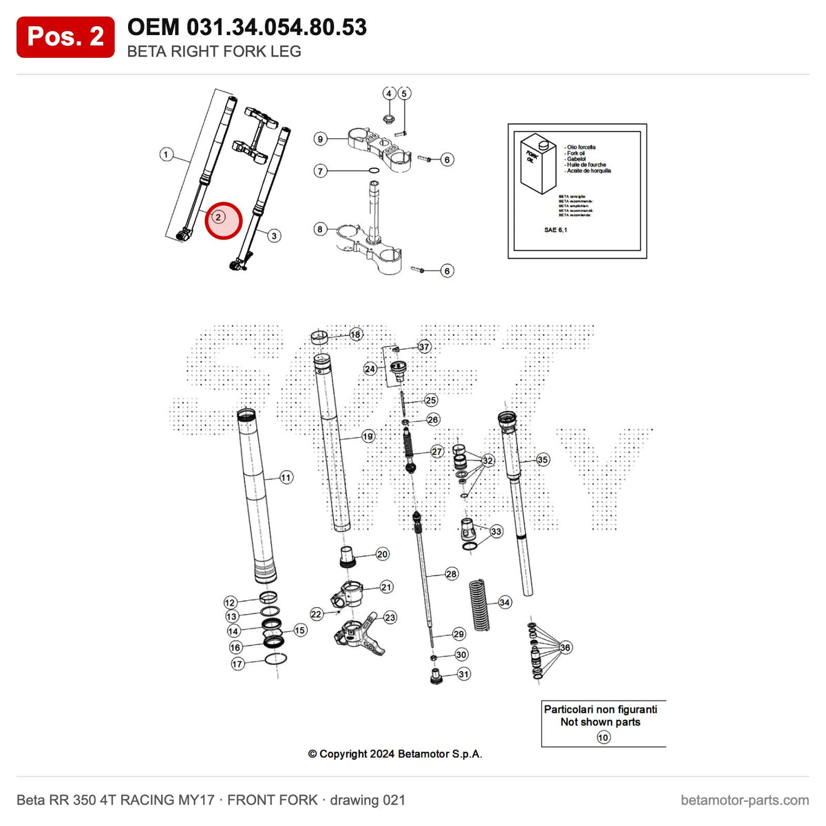 BETA RIGHT FORK LEG – OEM 031.34.054.80.53, position 2 on the Beta RR 350 4T RACING MY17 front fork drawing