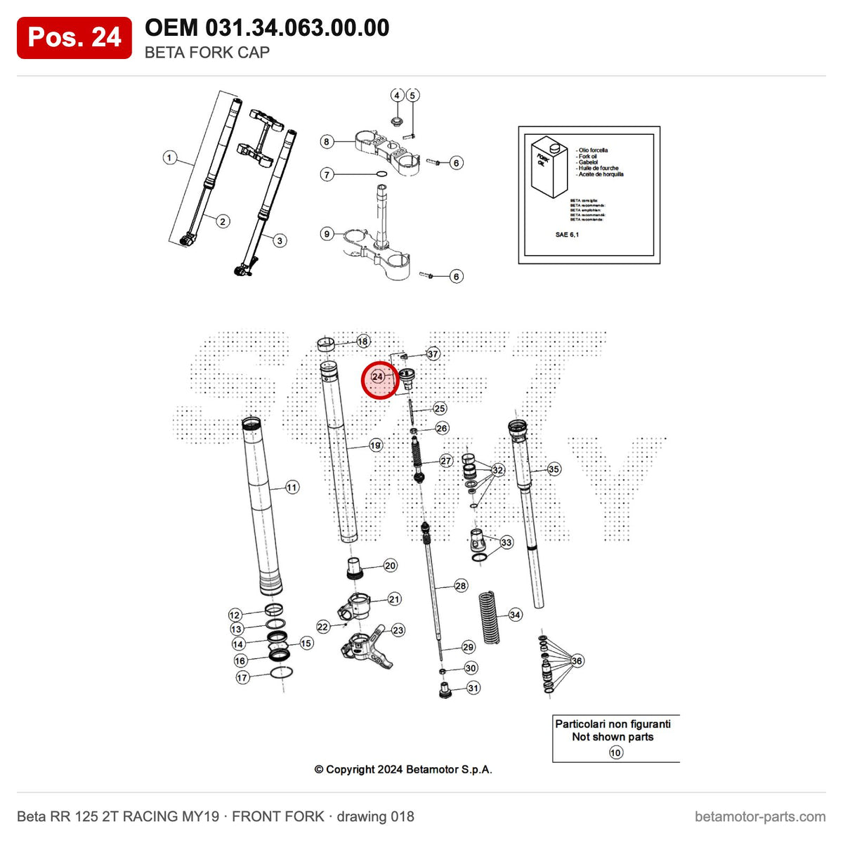 BETA FORK CAP – OEM 031.34.063.00.00, position 24 on the Beta RR 125 2T RACING MY19 front fork drawing
