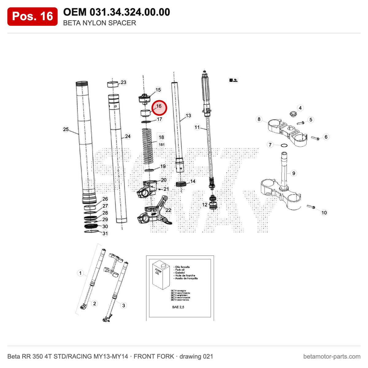 BETA NYLON SPACER – OEM 031.34.324.00.00, position 16 on the Beta RR 350 4T STD/RACING MY13-MY14 front fork drawing