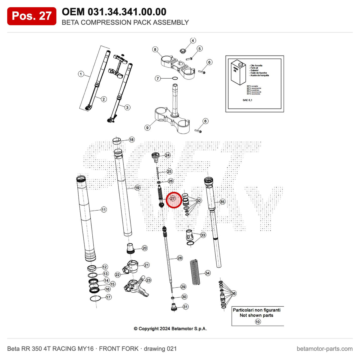 BETA COMPRESSION PACK ASSEMBLY – OEM 031.34.341.00.00, position 27 on the Beta RR 350 4T RACING MY16 front fork drawing