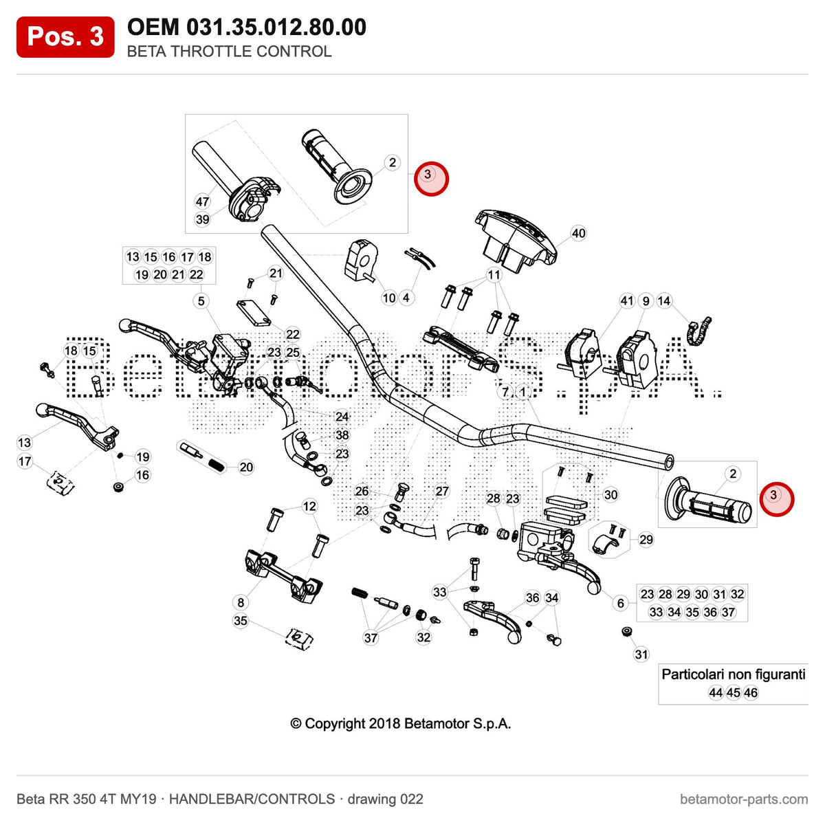 BETA THROTTLE CONTROL – OEM 031.35.012.80.00, position 3 on the Beta RR 350 4T MY19 handlebar/controls drawing
