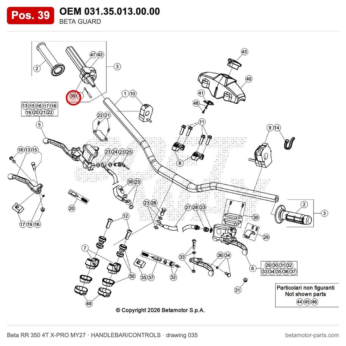 BETA GUARD – OEM 031.35.013.00.00, position 39 on the Beta RR 350 4T X-PRO MY27 handlebar/controls drawing