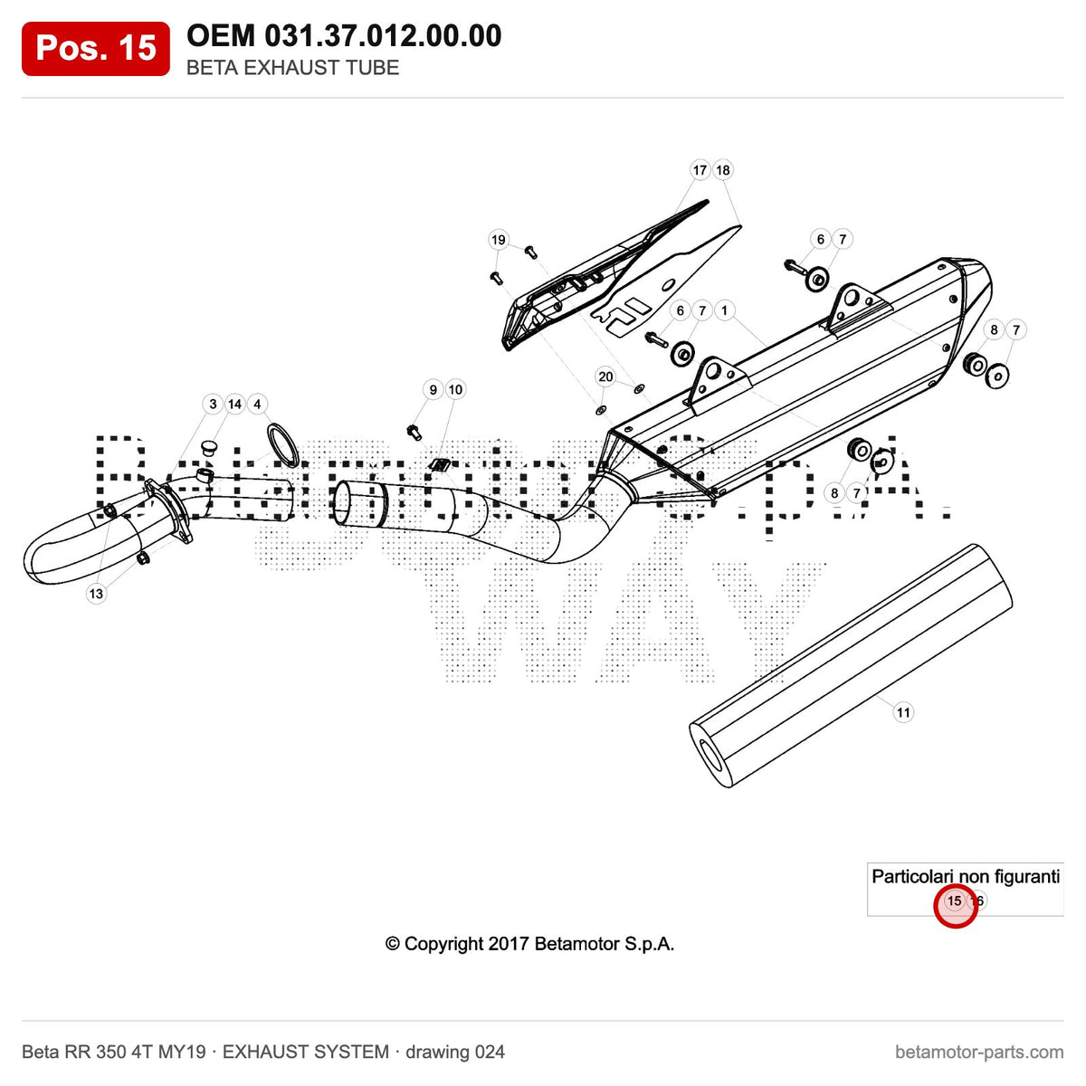 BETA EXHAUST TUBE – OEM 031.37.012.00.00, position 15 on the Beta RR 350 4T MY19 exhaust system drawing
