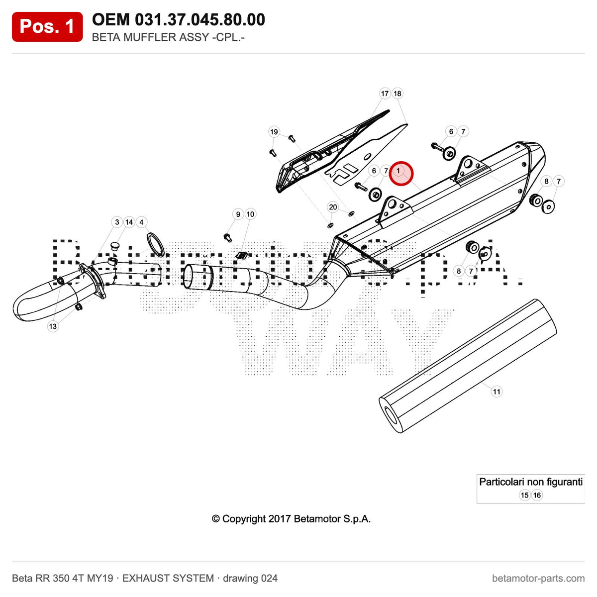 BETA MUFFLER ASSY -CPL.- – OEM 031.37.045.80.00, position 1 on the Beta RR 350 4T MY19 exhaust system drawing