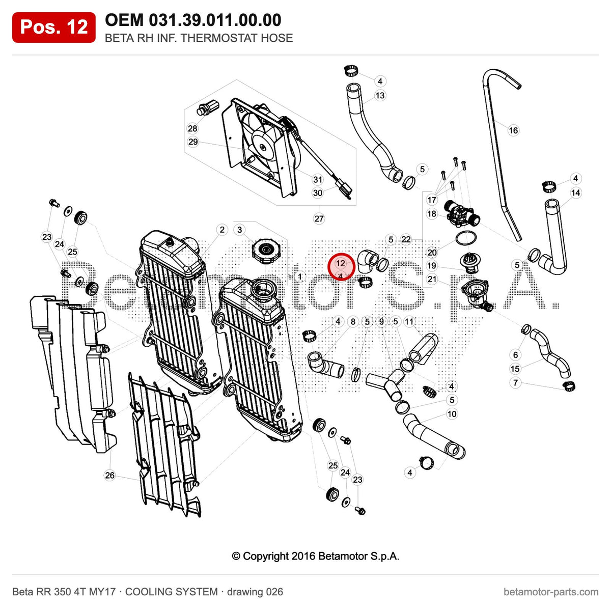 BETA RH INF. THERMOSTAT HOSE – OEM 031.39.011.00.00, position 12 on the Beta RR 350 4T MY17 cooling system drawing