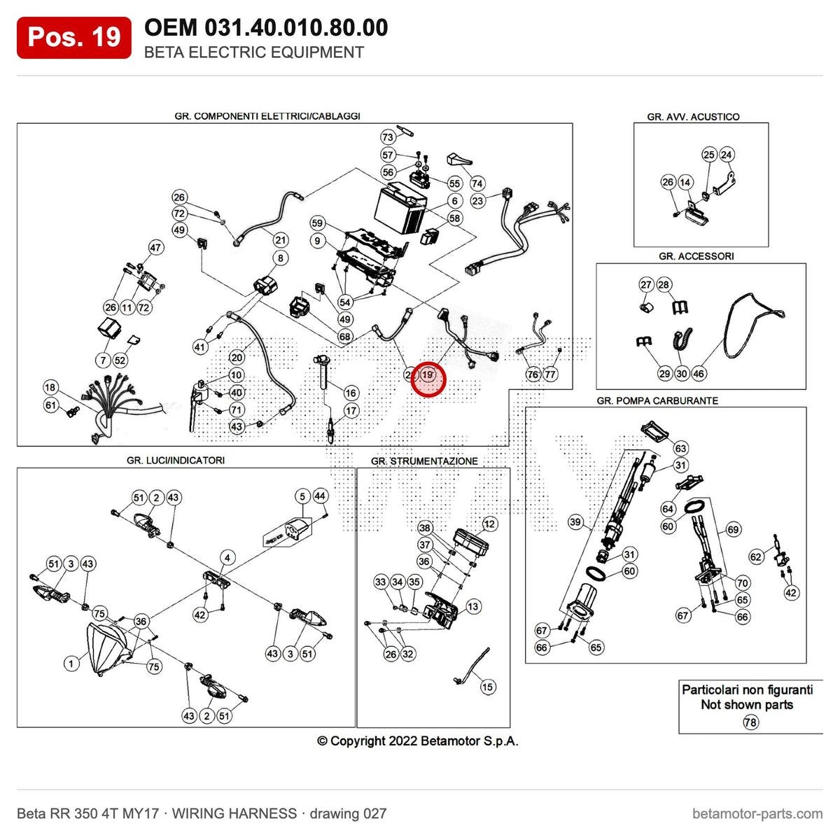 BETA ELECTRIC EQUIPMENT – OEM 031.40.010.80.00, position 19 on the Beta RR 350 4T MY17 wiring harness drawing