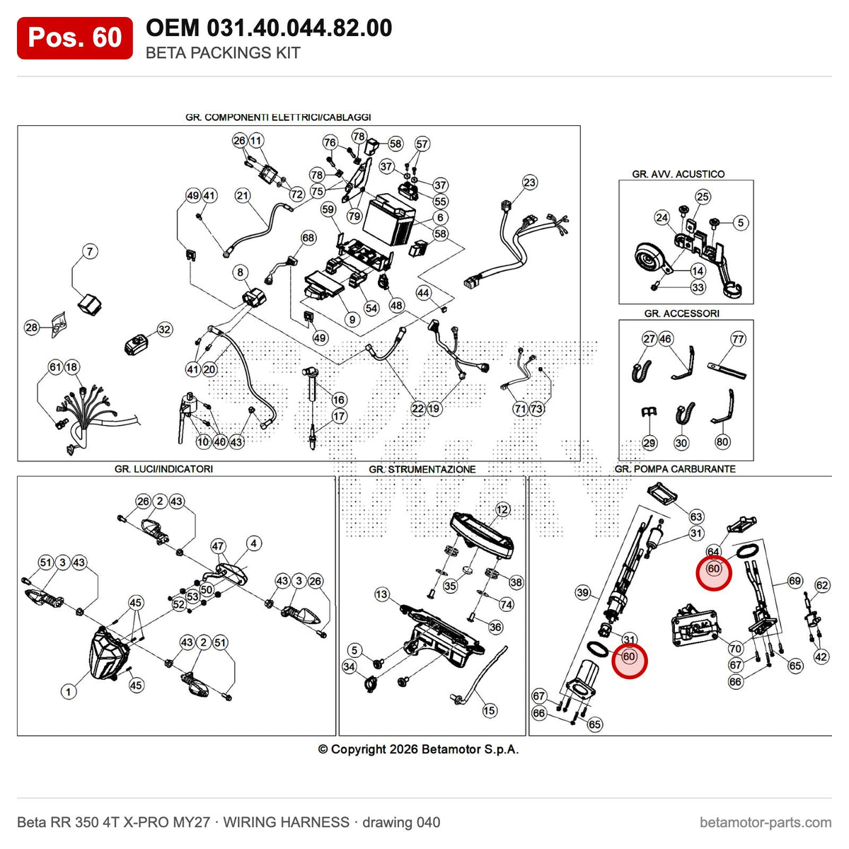 BETA PACKINGS KIT – OEM 031.40.044.82.00, position 60 on the Beta RR 350 4T X-PRO MY27 wiring harness drawing