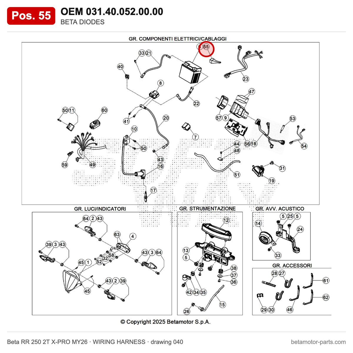 BETA DIODES – OEM 031.40.052.00.00, position 55 on the Beta RR 250 2T X-PRO MY26 wiring harness drawing