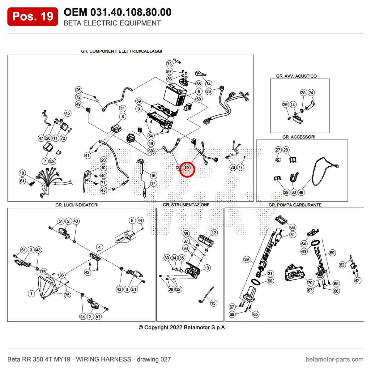 BETA ELECTRIC EQUIPMENT – OEM 031.40.108.80.00, position 19 on the Beta RR 350 4T MY19 wiring harness drawing