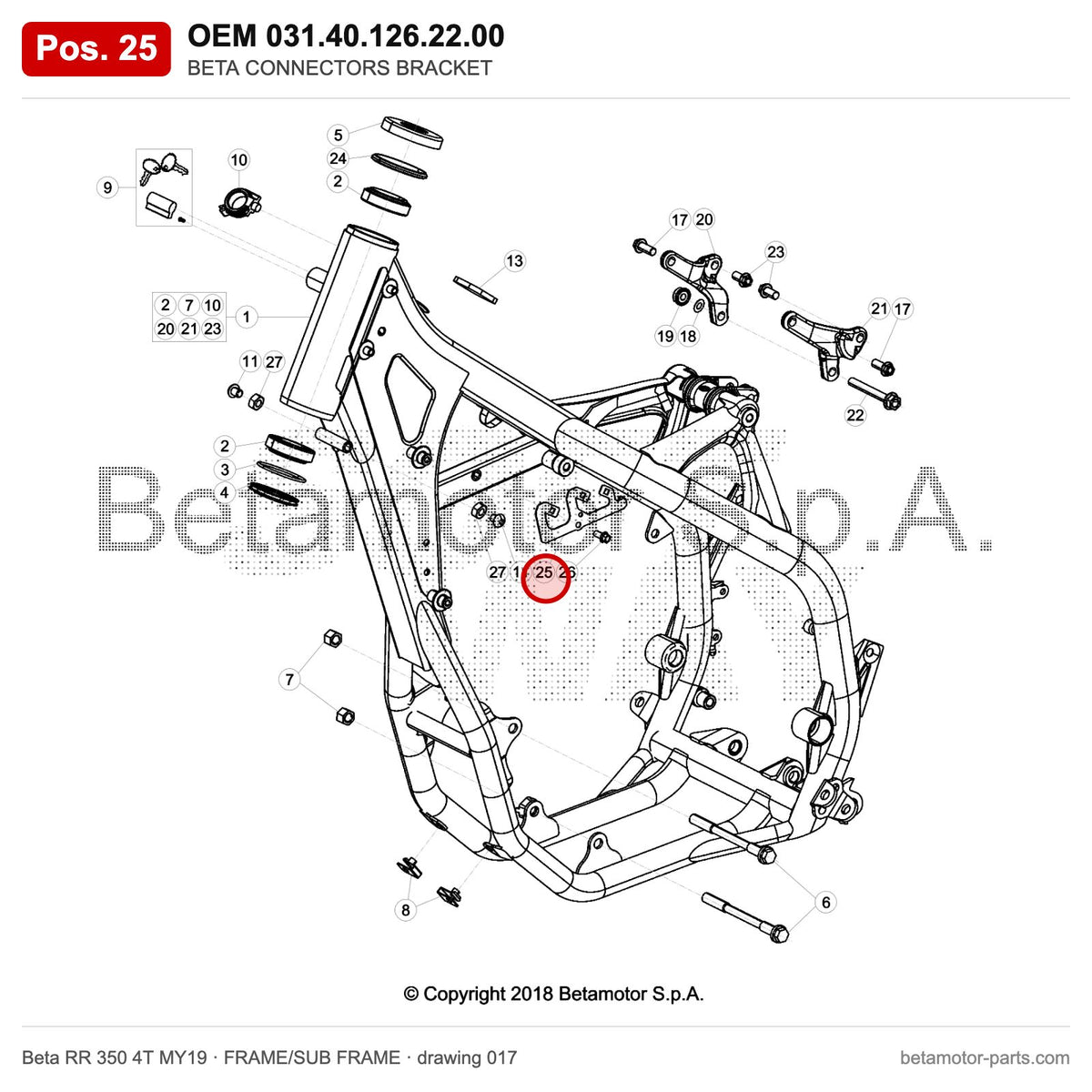 BETA CONNECTORS BRACKET – OEM 031.40.126.22.00, position 25 on the Beta RR 350 4T MY19 frame/sub frame drawing