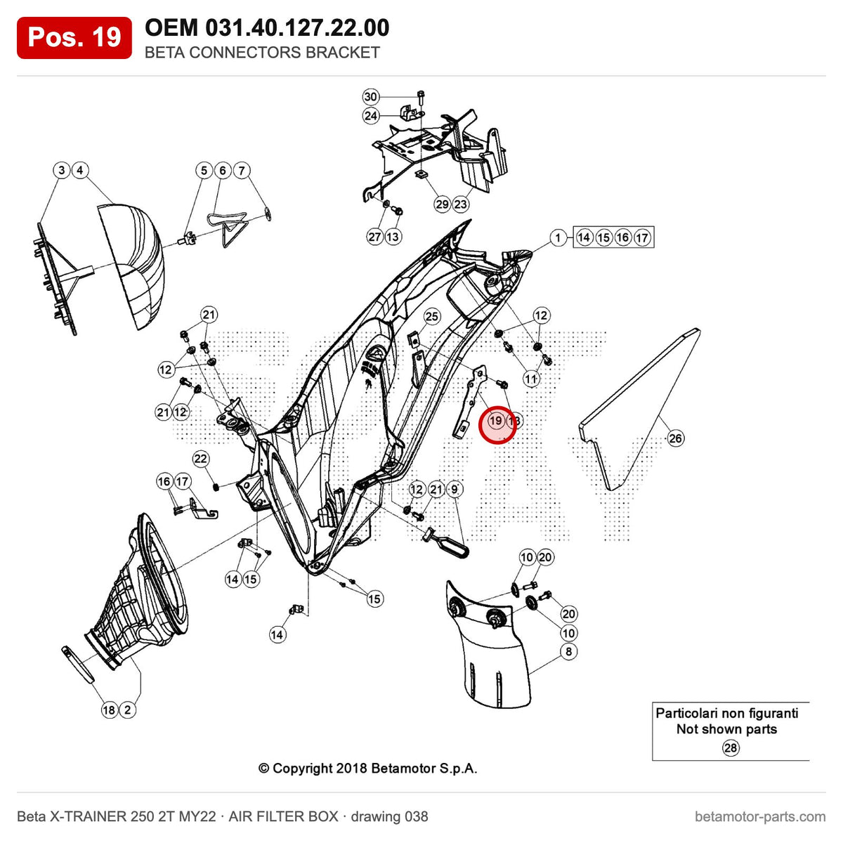 BETA CONNECTORS BRACKET – OEM 031.40.127.22.00, position 19 on the Beta X-TRAINER 250 2T MY22 air filter box drawing
