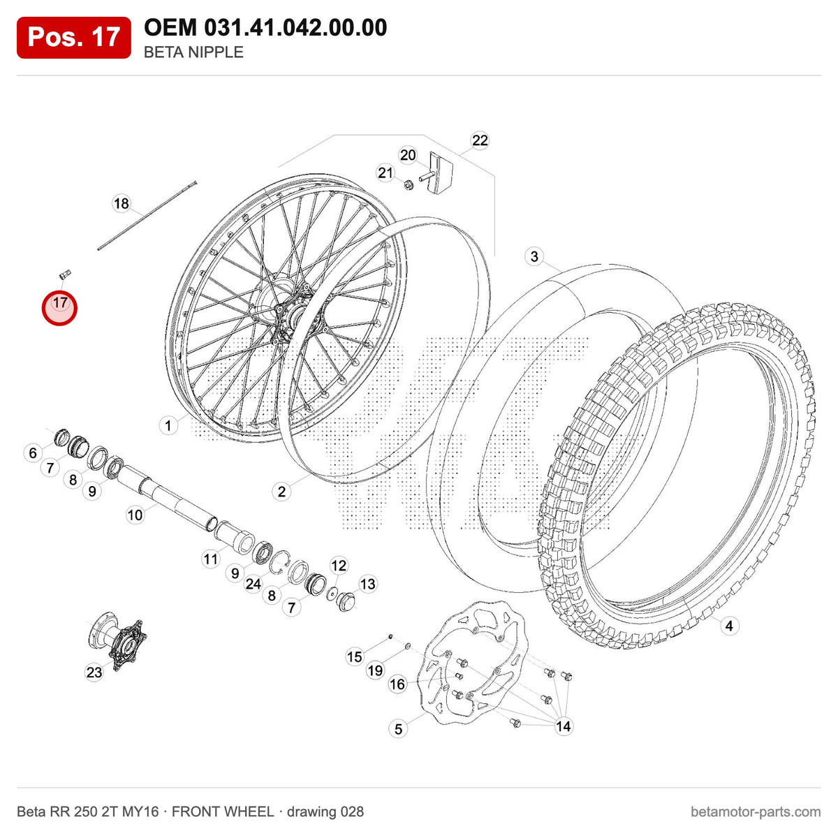 BETA NIPPLE – OEM 031.41.042.00.00, position 17 on the Beta RR 250 2T MY16 front wheel drawing