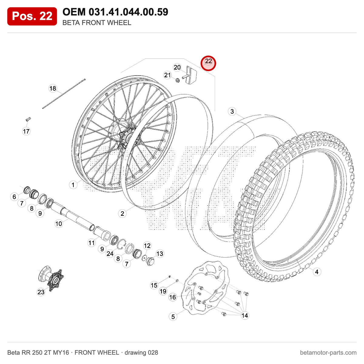 BETA FRONT WHEEL – OEM 031.41.044.00.59, position 22 on the Beta RR 250 2T MY16 front wheel drawing