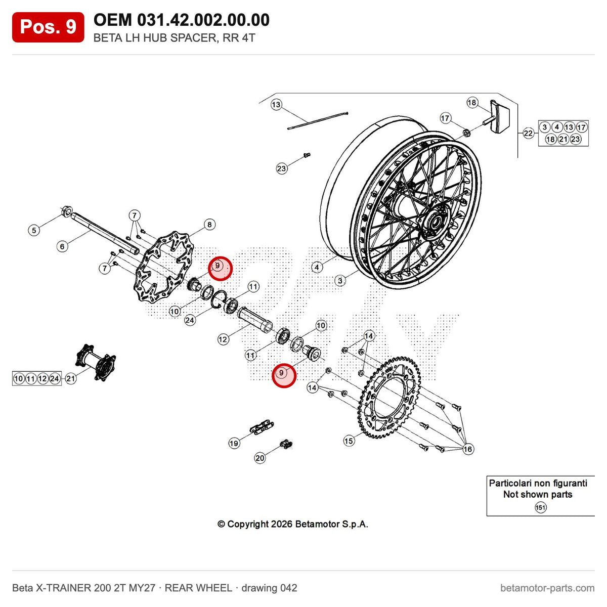 BETA LH HUB SPACER, RR 4T – OEM 031.42.002.00.00, position 9 on the Beta X-TRAINER 200 2T MY27 rear wheel drawing