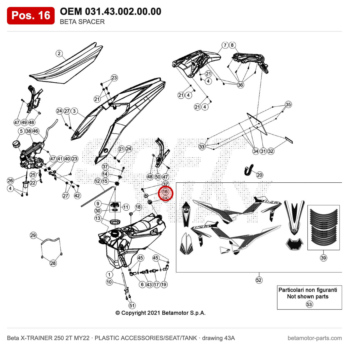 BETA SPACER – OEM 031.43.002.00.00, position 16 on the Beta X-TRAINER 250 2T MY22 plastic accessories/seat/tank drawing