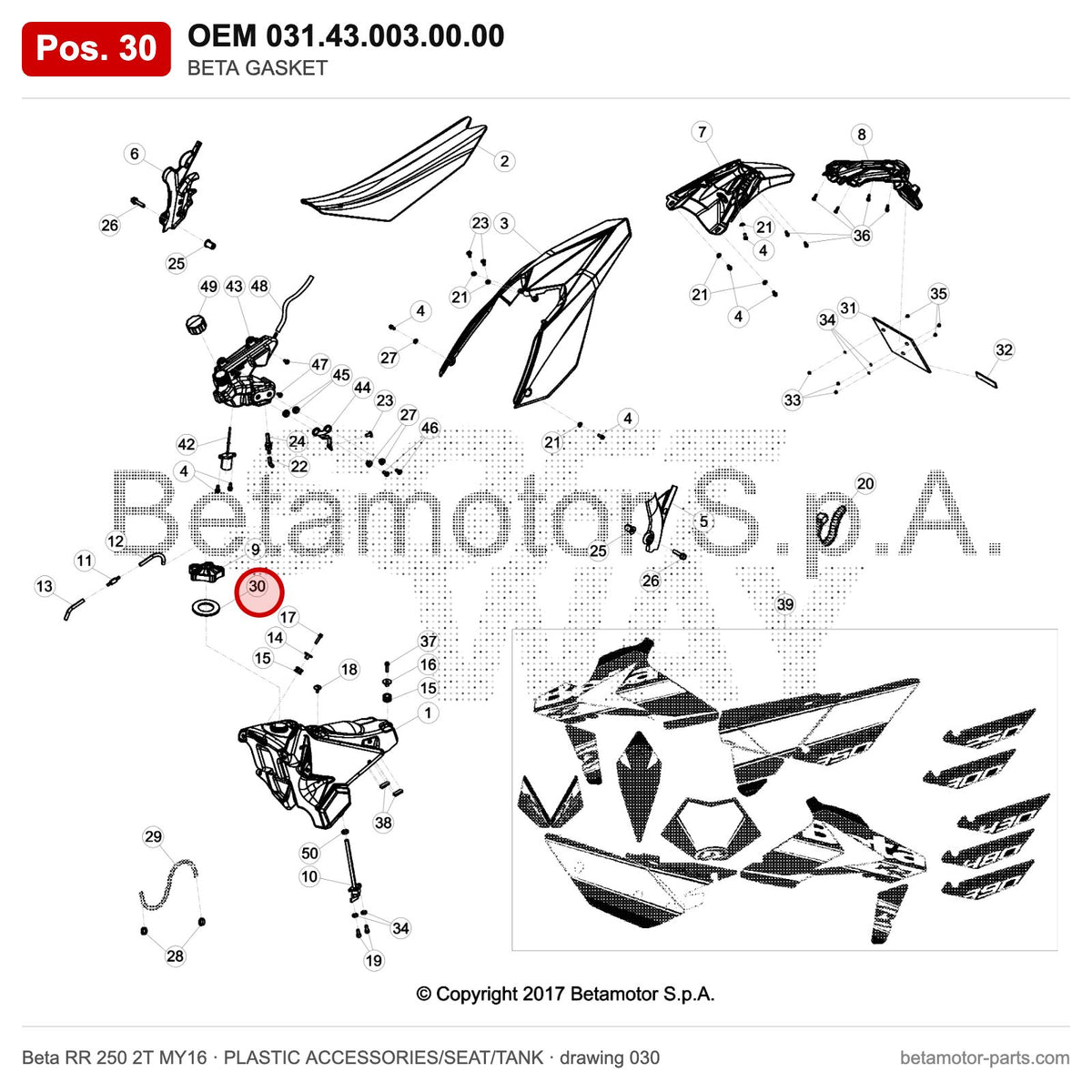 BETA GASKET – OEM 031.43.003.00.00, position 30 on the Beta RR 250 2T MY16 plastic accessories/seat/tank drawing