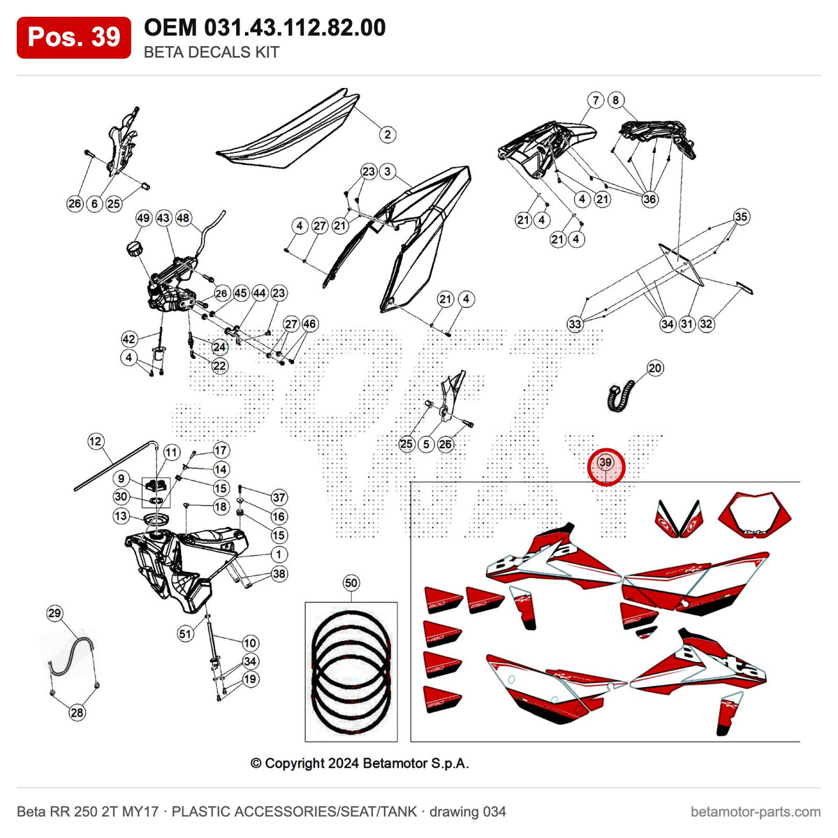 BETA DECALS KIT – OEM 031.43.112.82.00, position 39 on the Beta RR 250 2T MY17 plastic accessories/seat/tank drawing