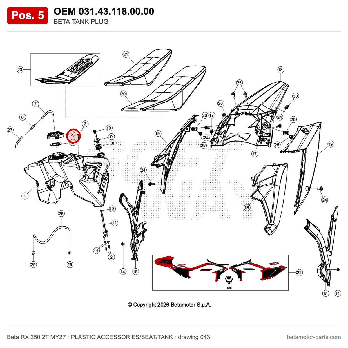 BETA TANK PLUG – OEM 031.43.118.00.00, position 5 on the Beta RX 250 2T MY27 plastic accessories/seat/tank drawing