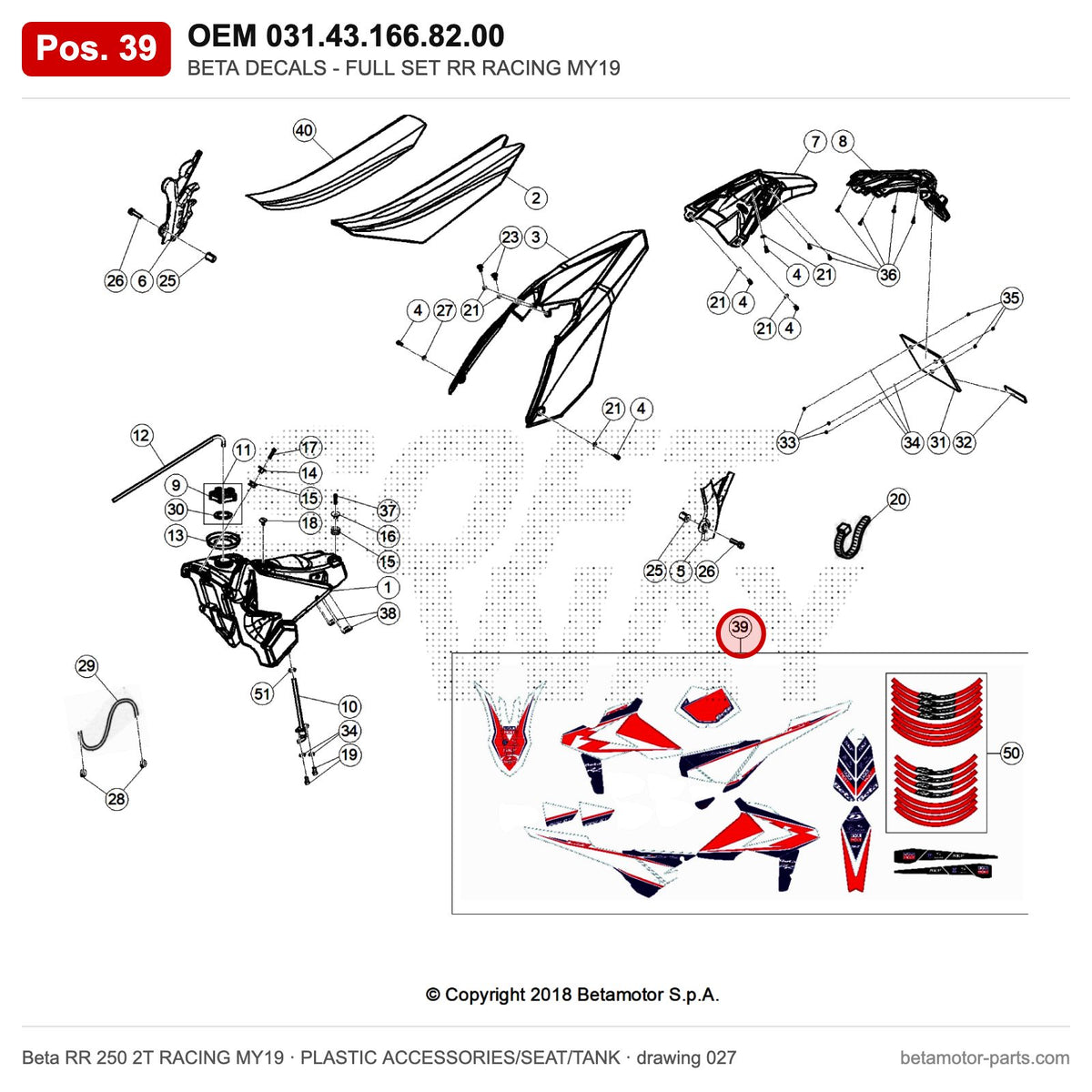 BETA DECALS - FULL SET RR RACING MY19 – OEM 031.43.166.82.00, position 39 on the Beta RR 250 2T RACING MY19 plastic accessories/seat/tank drawing