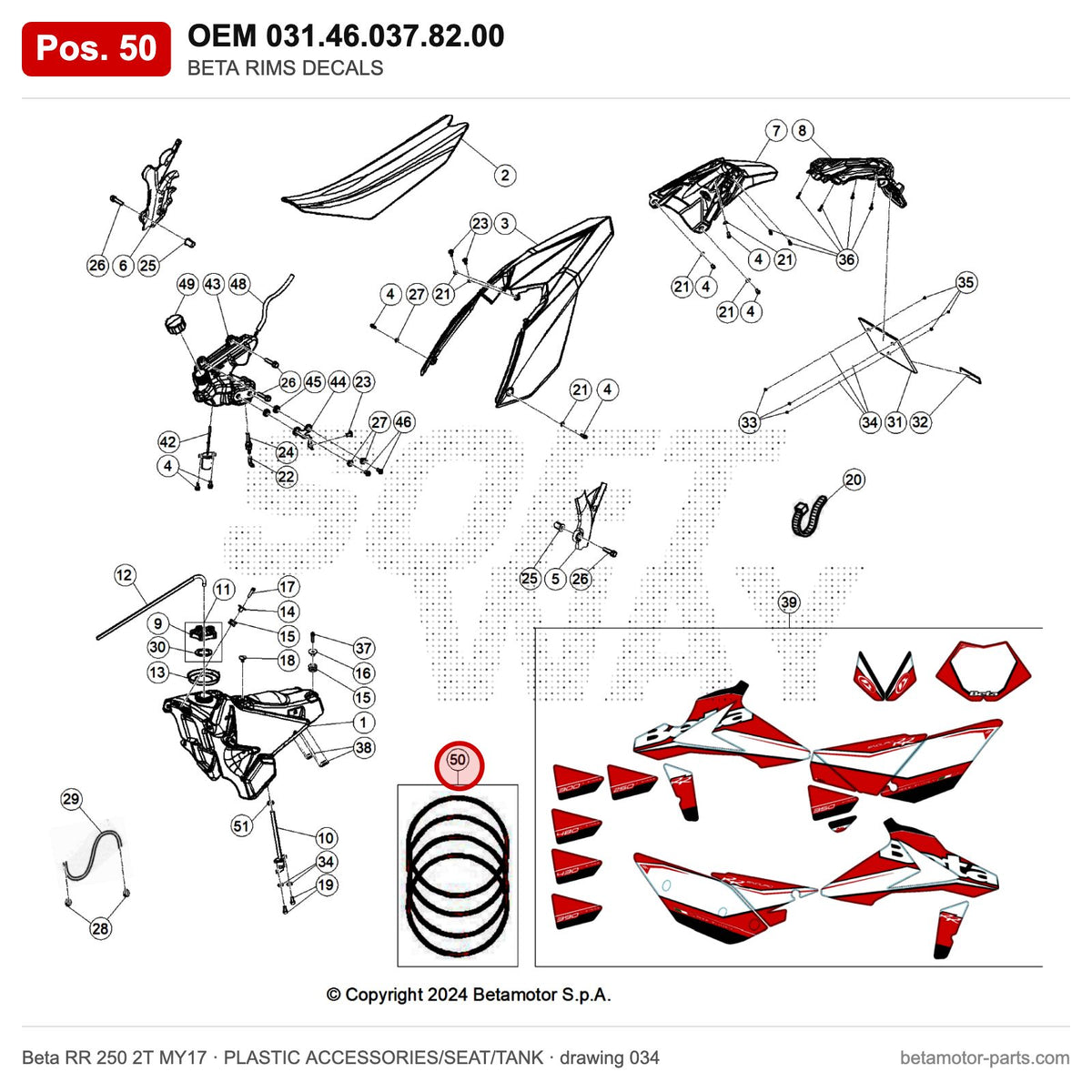 BETA RIMS DECALS – OEM 031.46.037.82.00, position 50 on the Beta RR 250 2T MY17 plastic accessories/seat/tank drawing