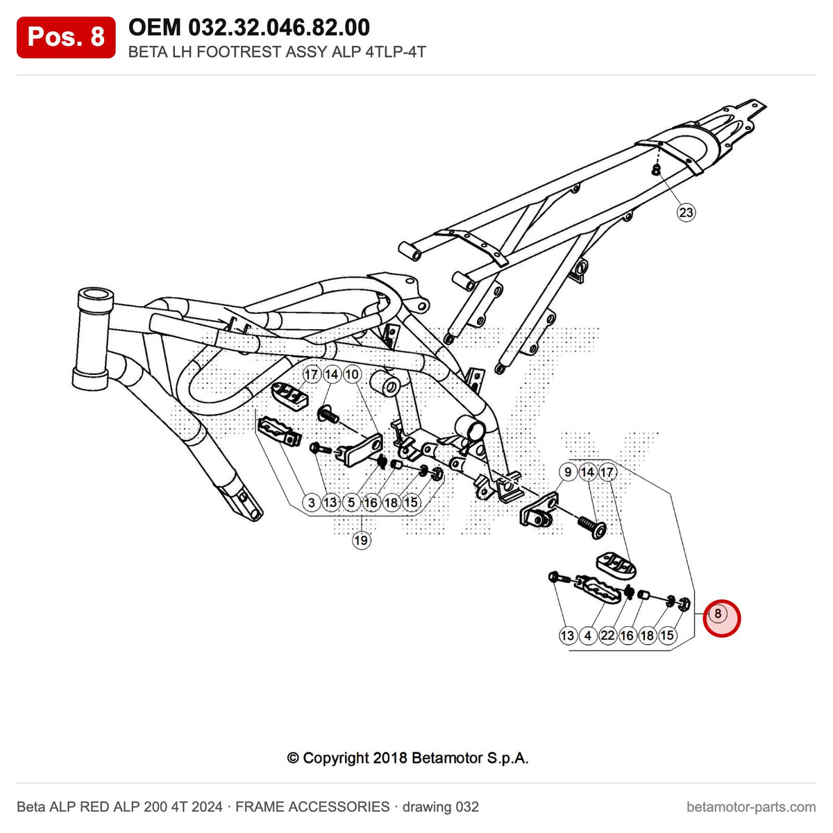 BETA LH FOOTREST ASSY ALP 4TLP-4T – OEM 032.32.046.82.00, position 8 on the Beta ALP RED ALP 200 4T 2024 frame accessories drawing