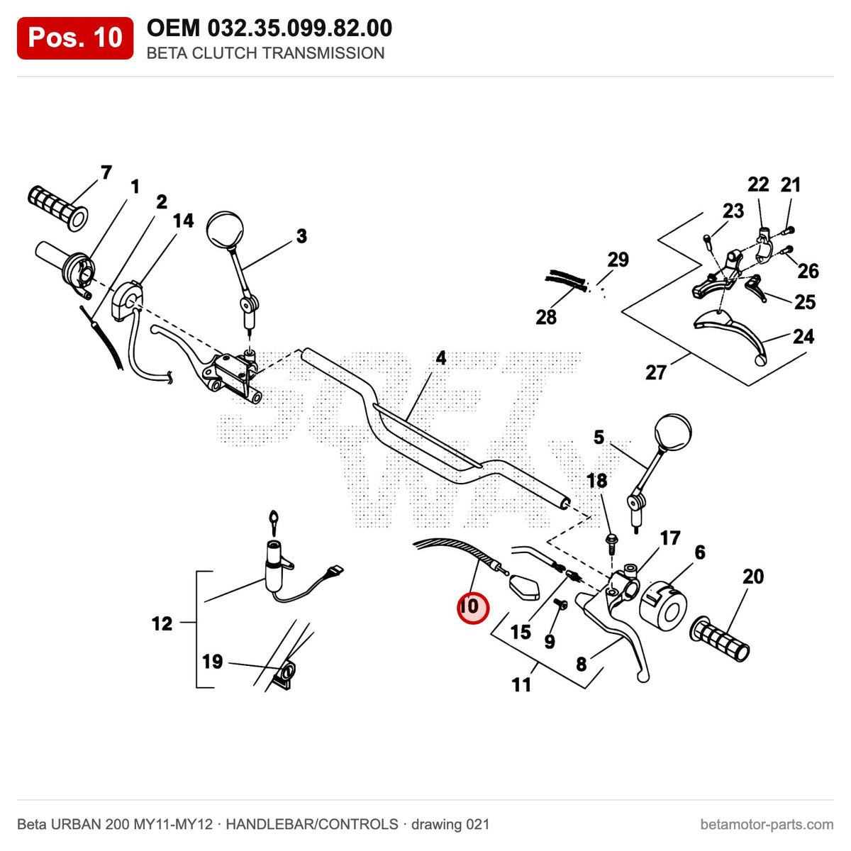 BETA CLUTCH TRANSMISSION – OEM 032.35.099.82.00, position 10 on the Beta URBAN 200 MY11-MY12 handlebar/controls drawing