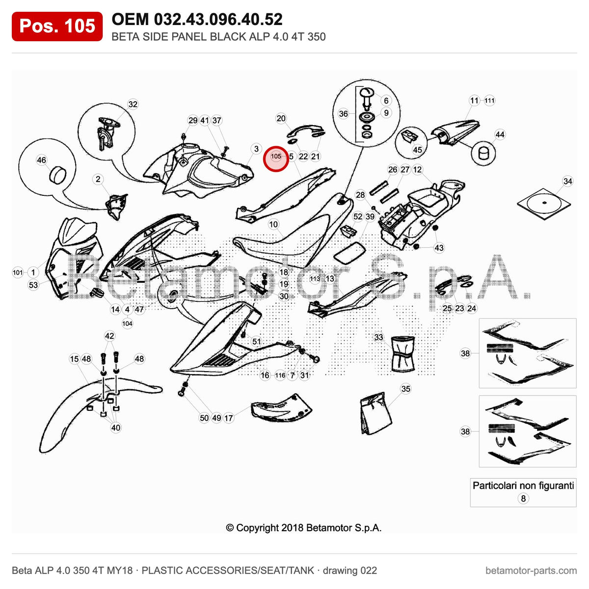 BETA SIDE PANEL BLACK ALP 4.0 4T 350 – OEM 032.43.096.40.52, position 105 on the Beta ALP 4.0 350 4T MY18 plastic accessories/seat/tank drawing