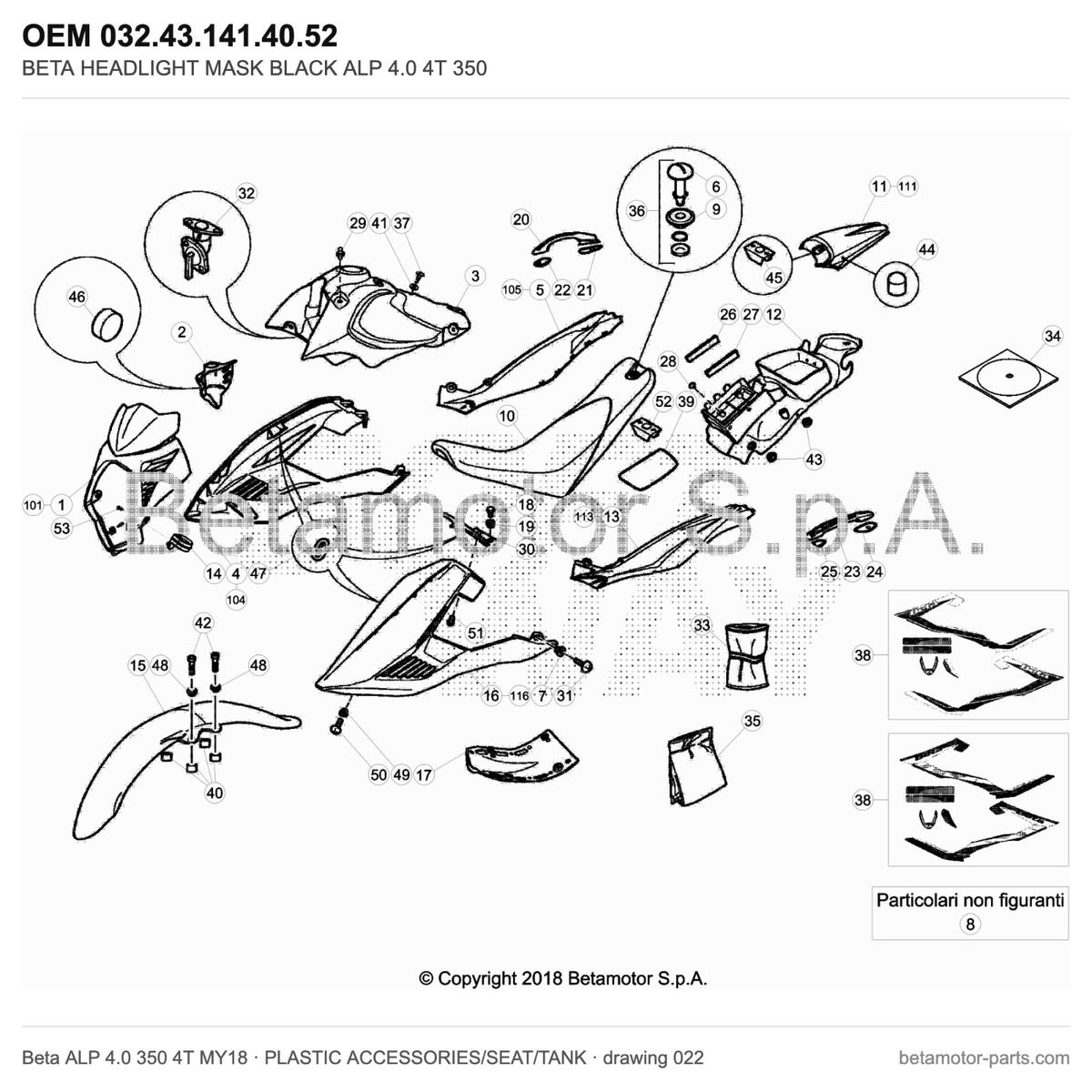 BETA HEADLIGHT MASK BLACK ALP 4.0 4T 350 – OEM 032.43.141.40.52, shown on the Beta ALP 4.0 350 4T MY18 plastic accessories/seat/tank drawing