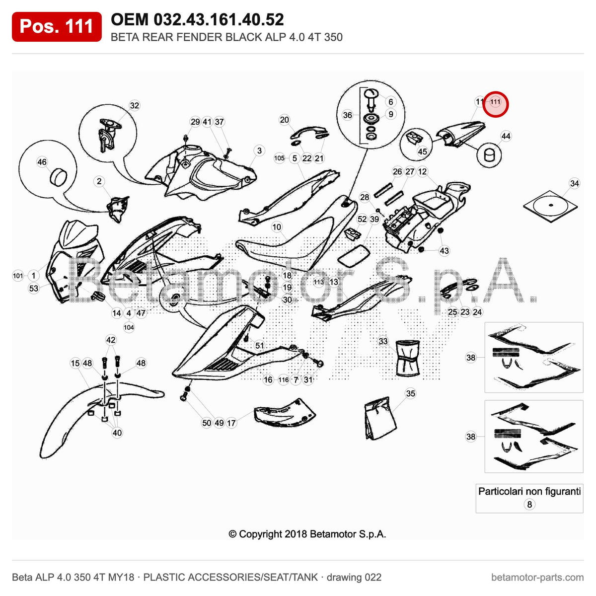 BETA REAR FENDER BLACK ALP 4.0 4T 350 – OEM 032.43.161.40.52, position 111 on the Beta ALP 4.0 350 4T MY18 plastic accessories/seat/tank drawing