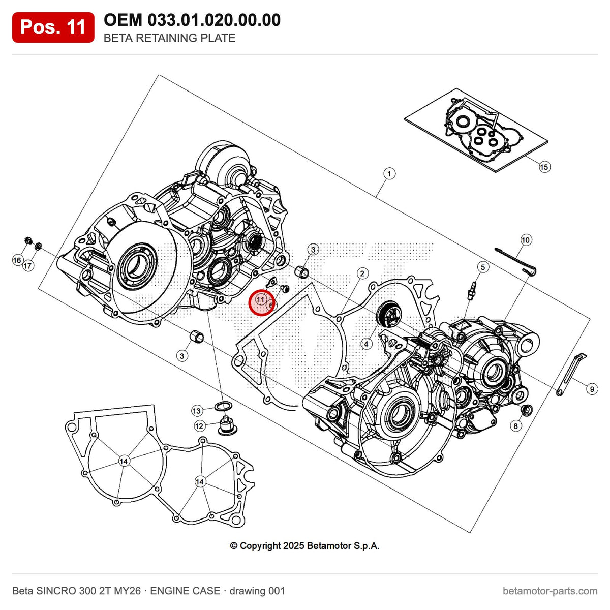 BETA RETAINING PLATE – OEM 033.01.020.00.00, position 11 on the Beta SINCRO 300 2T MY26 engine case drawing
