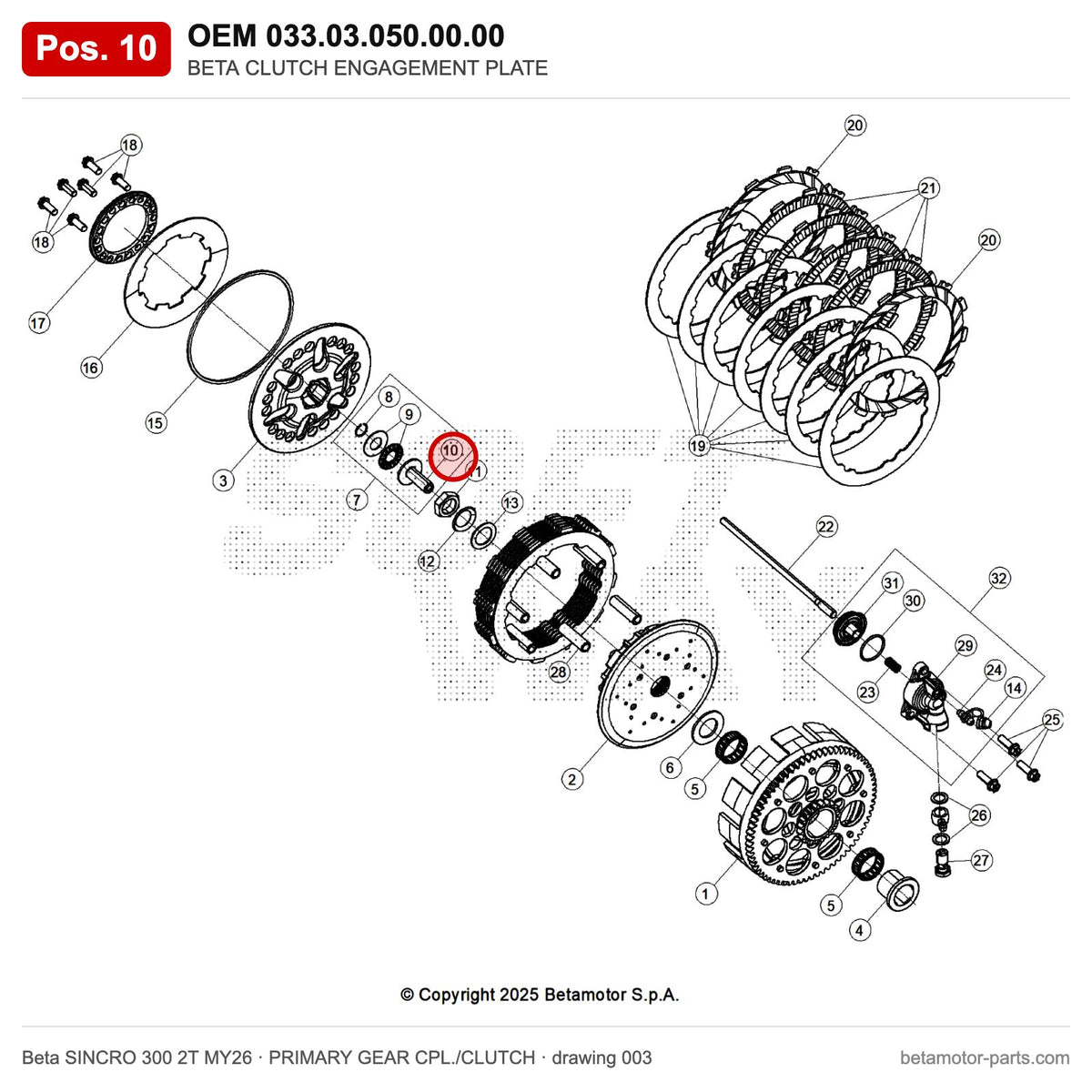 BETA CLUTCH ENGAGEMENT PLATE – OEM 033.03.050.00.00, position 10 on the Beta SINCRO 300 2T MY26 primary gear cpl./clutch drawing