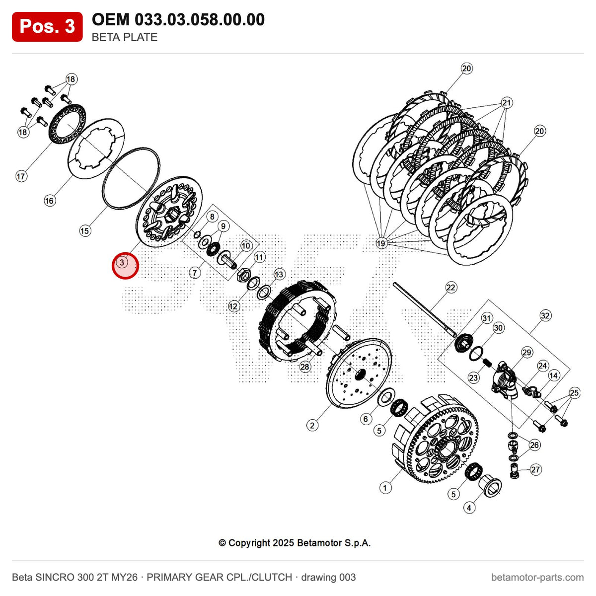 BETA PLATE – OEM 033.03.058.00.00, position 3 on the Beta SINCRO 300 2T MY26 primary gear cpl./clutch drawing