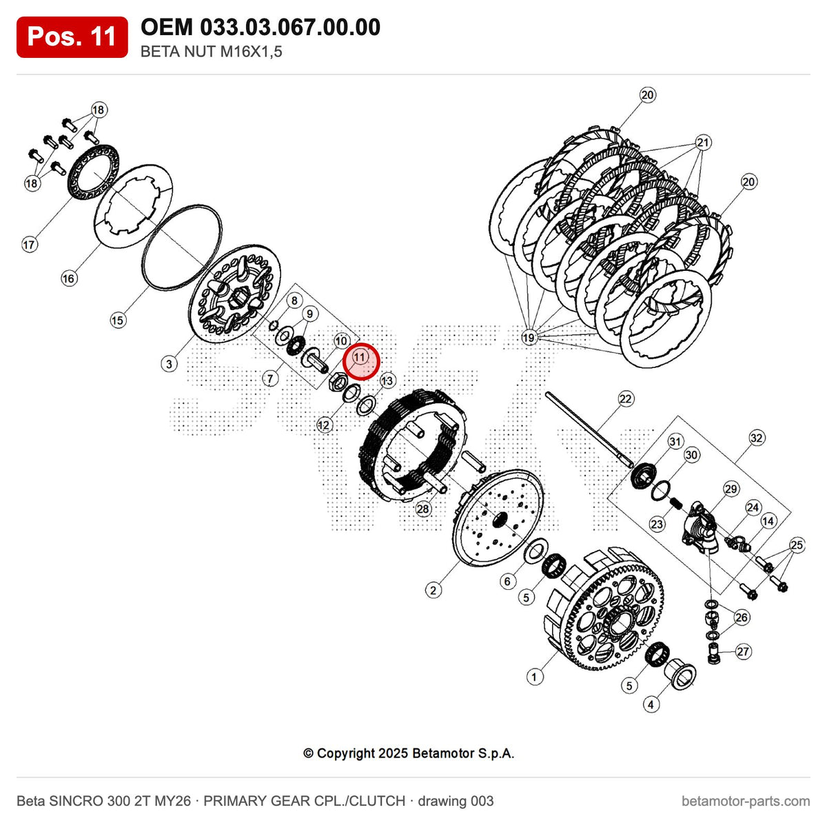 BETA NUT M16X1,5 – OEM 033.03.067.00.00, position 11 on the Beta SINCRO 300 2T MY26 primary gear cpl./clutch drawing