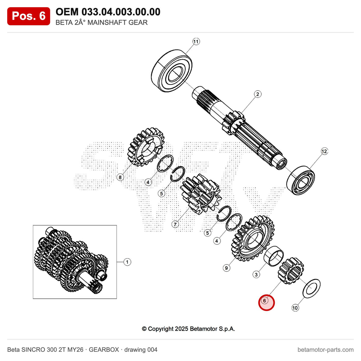 BETA 2° MAINSHAFT GEAR – OEM 033.04.003.00.00, position 6 on the Beta SINCRO 300 2T MY26 gearbox drawing