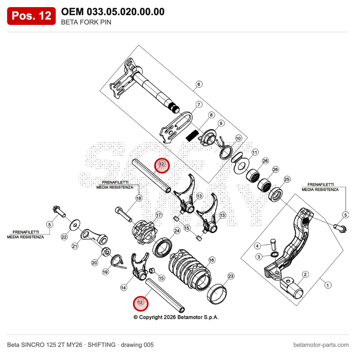 BETA FORK PIN – OEM 033.05.020.00.00, position 12 on the Beta SINCRO 125 2T MY26 shifting drawing