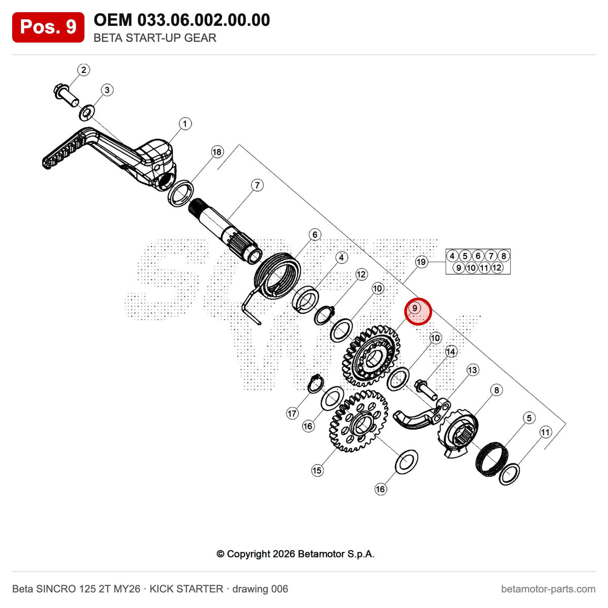 BETA START-UP GEAR – OEM 033.06.002.00.00, position 9 on the Beta SINCRO 125 2T MY26 kick starter drawing