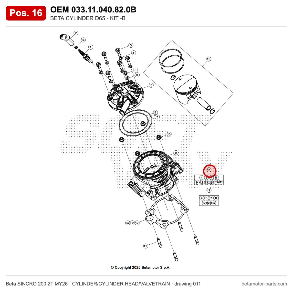 BETA CYLINDER D65 - KIT -B – OEM 033.11.040.82.0B, position 16 on the Beta SINCRO 200 2T MY26 cylinder/cylinder head/valvetrain drawing
