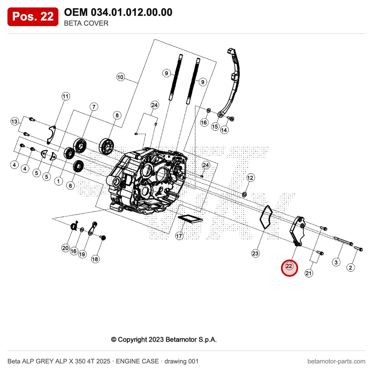 BETA COVER – OEM 034.01.012.00.00, position 22 on the Beta ALP GREY ALP X 350 4T 2025 engine case drawing