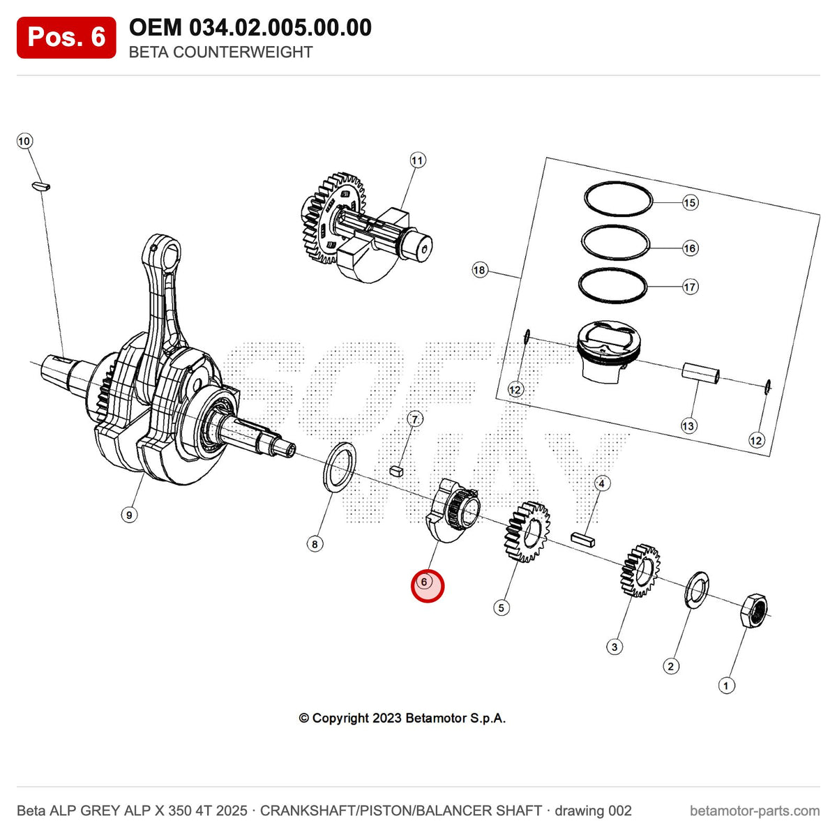 BETA COUNTERWEIGHT – OEM 034.02.005.00.00, position 6 on the Beta ALP GREY ALP X 350 4T 2025 crankshaft/piston/balancer shaft drawing