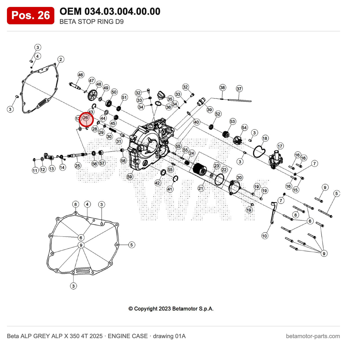 BETA STOP RING D9 – OEM 034.03.004.00.00, position 26 on the Beta ALP GREY ALP X 350 4T 2025 engine case drawing