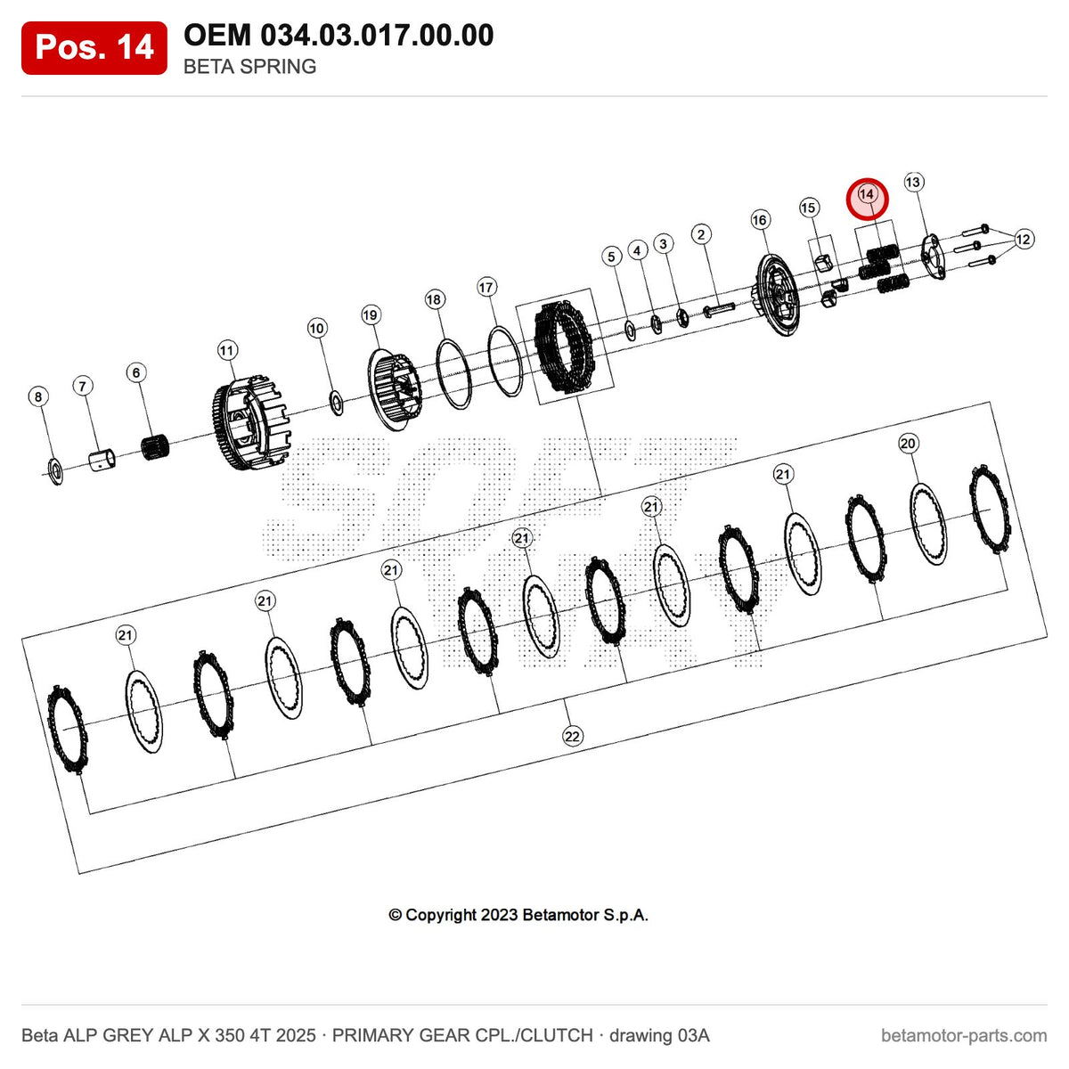 BETA SPRING – OEM 034.03.017.00.00, position 14 on the Beta ALP GREY ALP X 350 4T 2025 primary gear cpl./clutch drawing