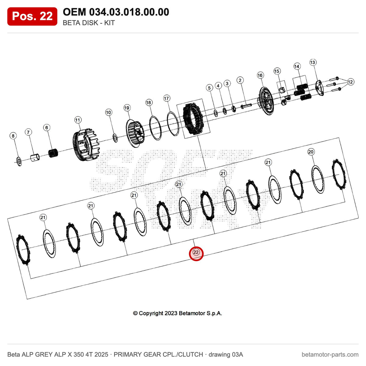 BETA DISK - KIT – OEM 034.03.018.00.00, position 22 on the Beta ALP GREY ALP X 350 4T 2025 primary gear cpl./clutch drawing