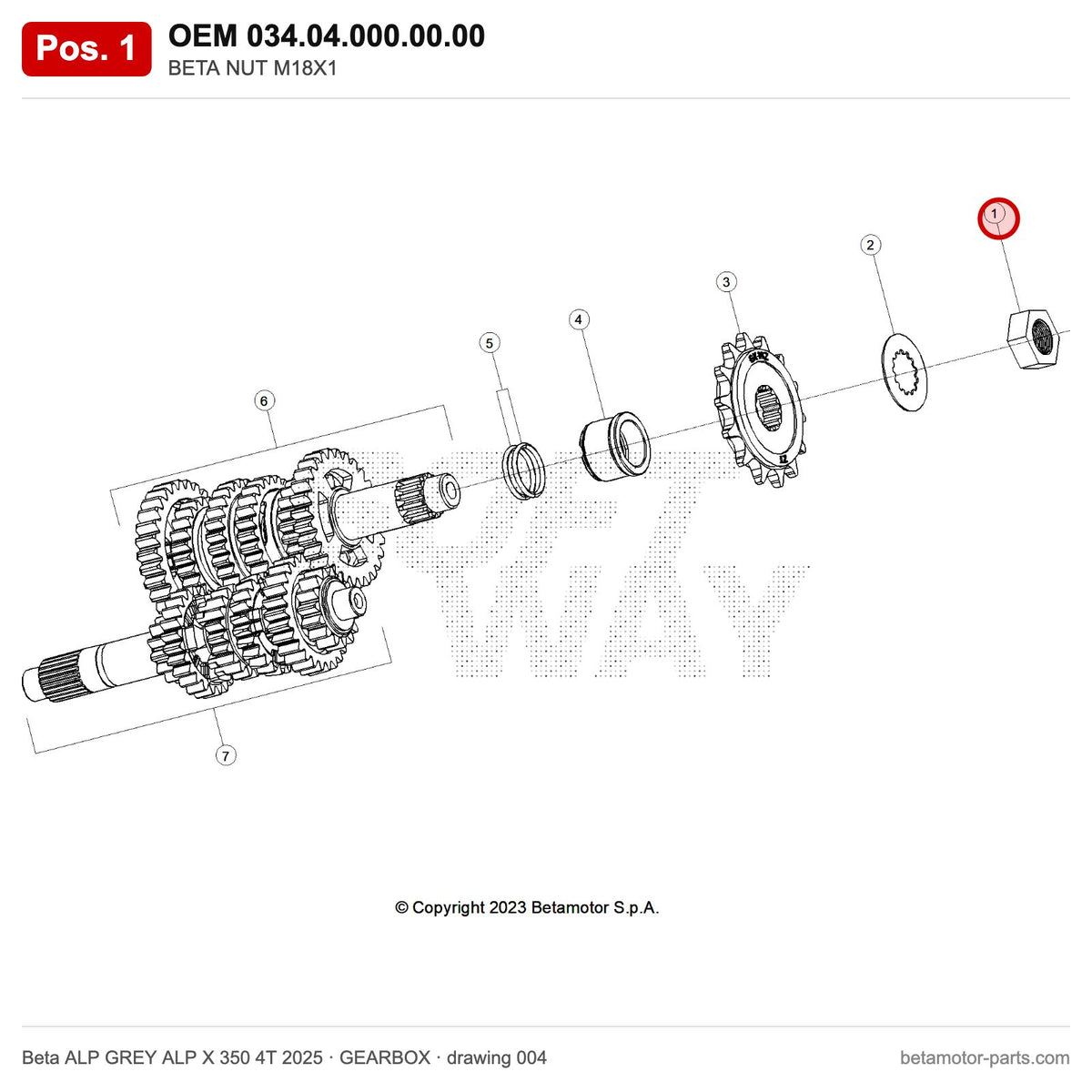 BETA NUT M18X1 – OEM 034.04.000.00.00, position 1 on the Beta ALP GREY ALP X 350 4T 2025 gearbox drawing
